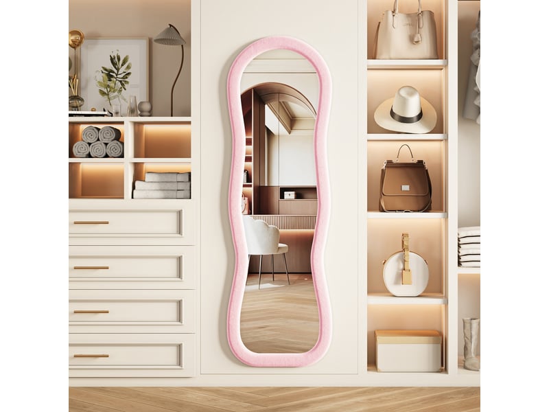 Miroir pleine longueur ondulé au sol, 160×50 cm, cadre bouclette rose, pose murale ou sur pied - Conforama D