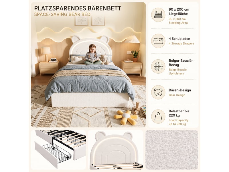  Lit enfant beige 90 × 200 cm en velours, tête de lit ours, led pilotée par application, charge maximale 220 kg  - Conforama D