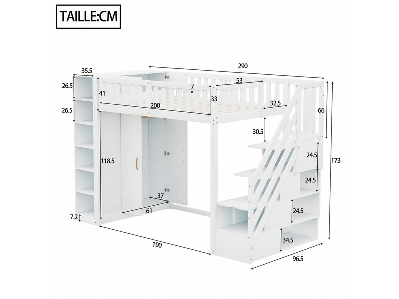  Lit mezzanine lit simple en bois massif avec armoire, tiroirs et étagères, 200x90 cm, sans matelas, blanc  - Conforama D
