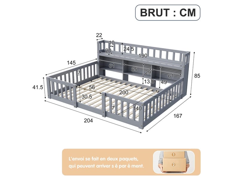  Lit 140x200cm - lit enfant 140x200cm - lit montessori au sol avec bibliothèque intégrée, barrières sécurité, sommier à lattes - gris  - Conforama E