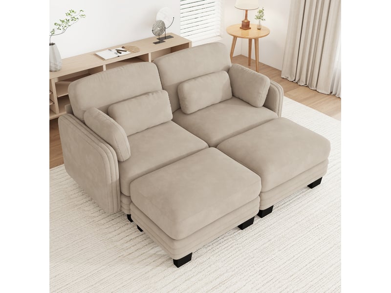  Canapé droit 2 places modulable en chenille café clair avec 2 ottomanes  - Conforama E