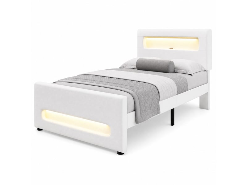  Lit 90x200 cm avec led et tiroir, coloris blanc, sans matelas  - Conforama A