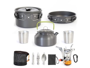 Set de vaisselle camping 12 pièces, en acieraluminium, équipement de cuisine plein air avec réchaud, casserole, poêle, bouilloire… toboli