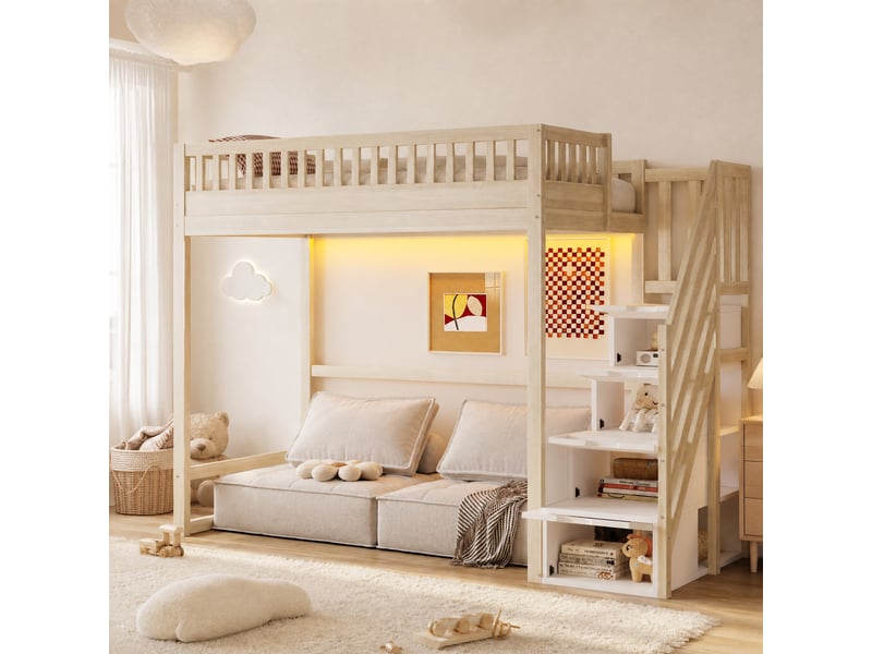 Lit mezzanine enfant 90x200 cm, lit simple avec led, barrière et escalier de rangement, bois, naturel, sans matelas - Conforama B