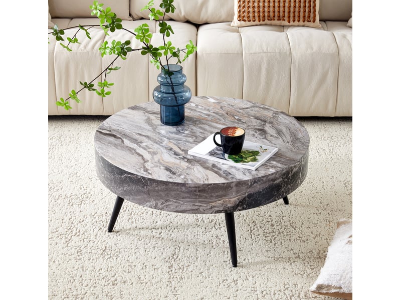  Table basse ronde avec pieds réglables antidérapants, style moderne, pour salon, 70 × 35,5 cm, en mdf et métal, gris  - Conforama B