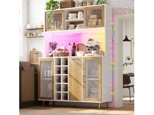 Buffet 120x40x180 cm blanc et aspect bois en mdf, 5 portes, led, prise intégrée pour rangement cuisine