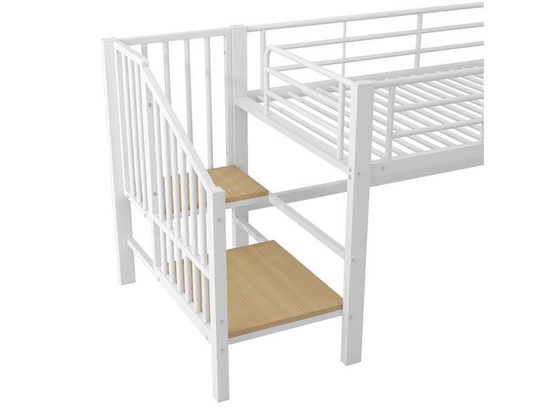  Lit mi-hauteur enfant 90 x 200 cm avec escalier de rangement, métal et mdf, blanc, sommier à 24 lattes inclus  - Conforama W