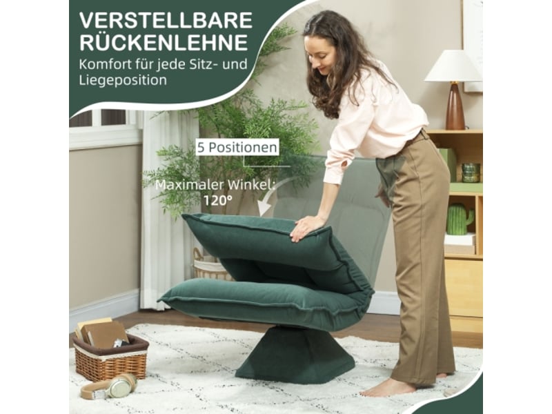  Fauteuil de sol pivotant 360° vert, dossier réglable 5 positions, pliable et rembourré  - Conforama D