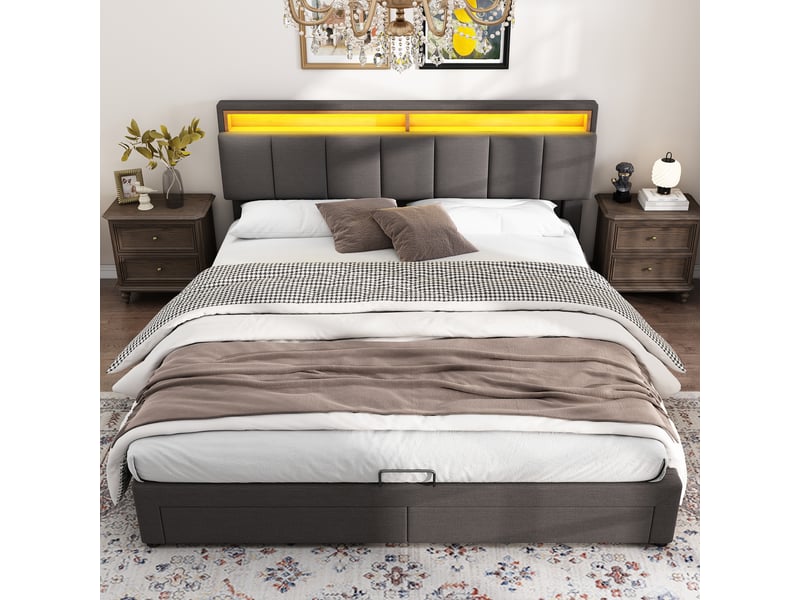  Lit coffre 160x200cm, tête de lit de rangement, 2 tiroirs, éclairage led, design moderne, sans matelas, lin, gris foncé  - Conforama W