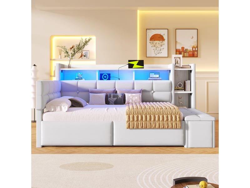  Lit avec rangement rembourré 90x190 cm coloris blanc led velours lit adulte blanc - Conforama B