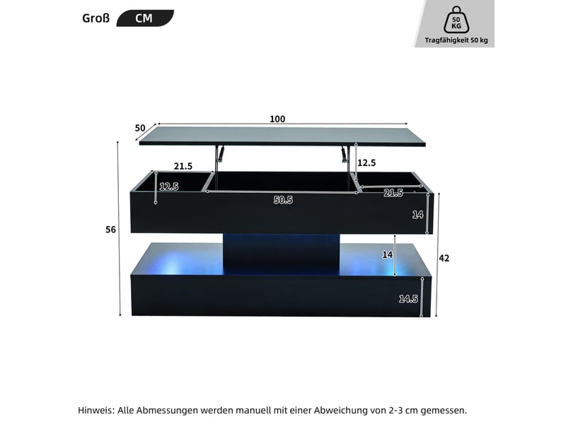  Table basse 100x50x42 cm relevable avec led bluetooth et rangement caché, noire  - Conforama E