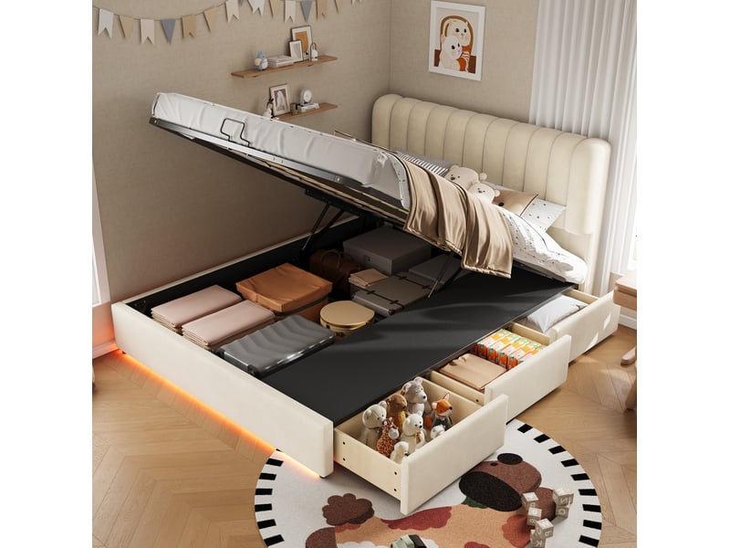  Lit coffre rembourré modenvie 140 x 200 cm avec rangement hydraulique, 3 tiroirs, éclairage led et revêtement en velours beige  - Conforama B