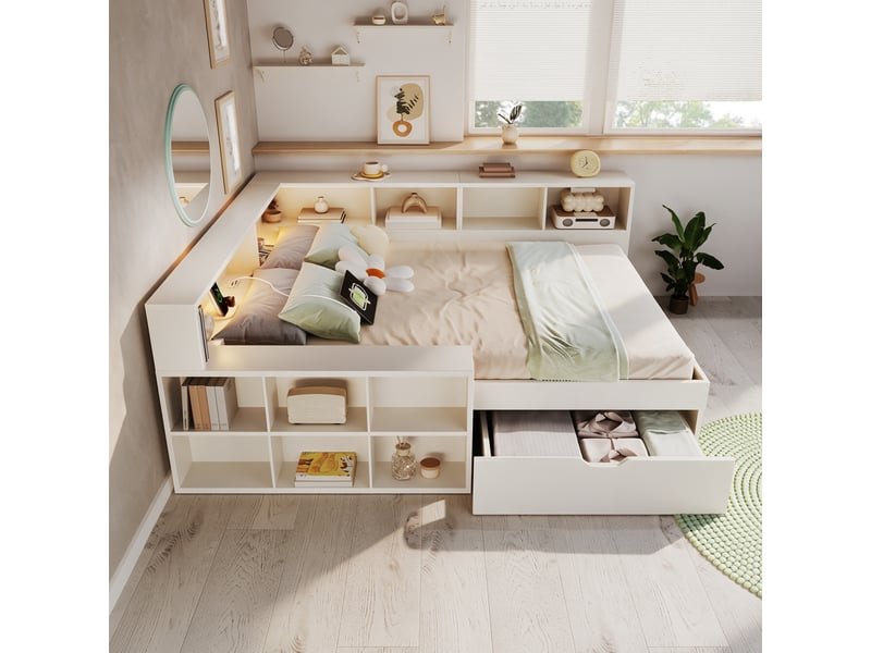  Lit double 140x200 avec rangement en bois blanc, ports usbtype-c et liseuses  - Conforama W