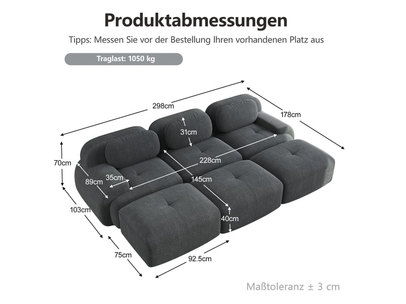 Canapé d'angle modulaire ulevr 3 places avec 3 poufs, 298 x 178 cm, velours côtelé gris, sans montage  - Conforama C