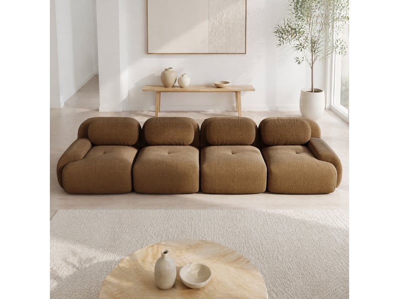  Canapé d'angle modulable 4 places sans montage avec assise 32d et dossier ergonomique, en velours côtelé marron  - Conforama D