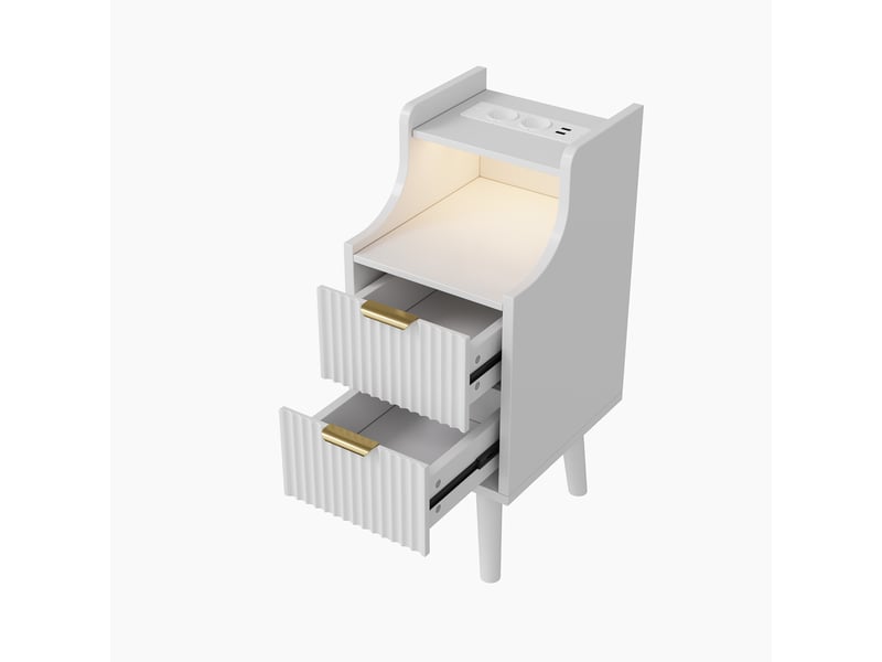  Lot de 2 tables de chevet blanches à 2 tiroirs, finition cannelée, bandeau led 3 couleurs, station de charge eu, rangement ouvert, pieds en bois, table d’appoint multifonction  - Conforama W