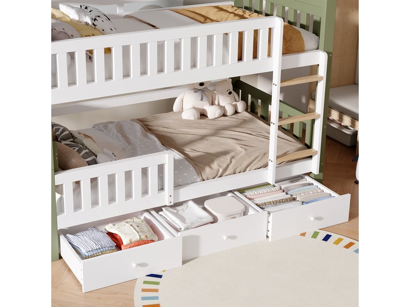  Lit superposé enfant 90 x 200 cm en bois, blanc et vert, avec échelle, barrière de sécurité surélevée, étagère latérale et 3 tiroirs  - Conforama B