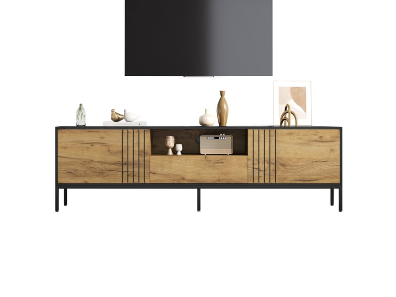  Meuble tv modenvie 170 x 35 x 50 cm avec 2 portes et 1 tiroir chêne et noir  - Conforama A