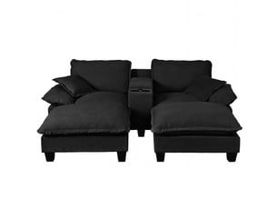 Canapé modulable 4 places noir en chenille avec 2 ottomans, rangement, porte-gobelets et ports usb