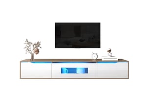 Vitrine & meuble tv 180×30×35 cm – couleur chêne + blanc laqué, led 16 couleurs