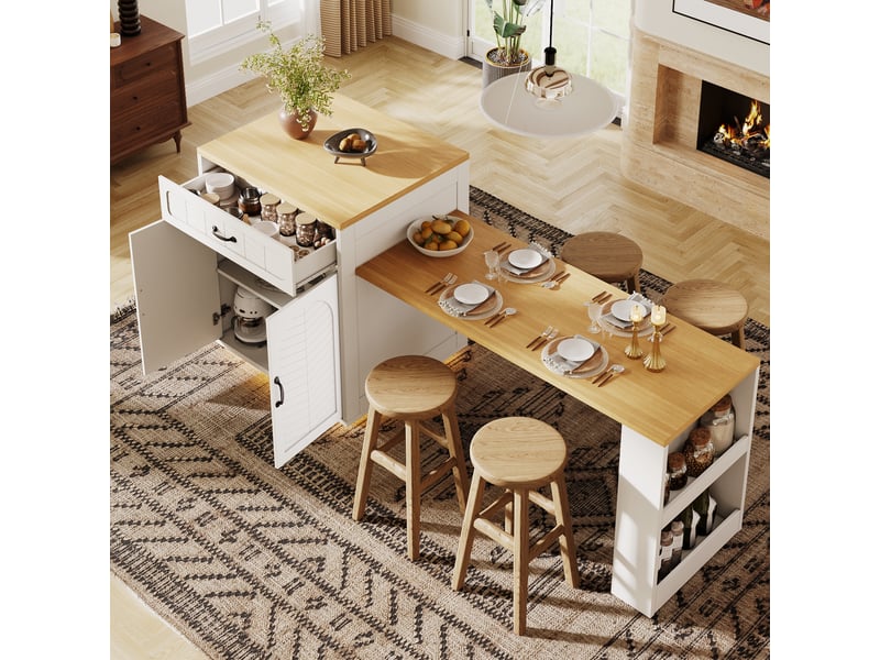 Îlot de cuisine avec table extensible blanc, éclairage led, 2 tiroirs, 4 portes, mdf et métal, 80x70x95.5 cm - Conforama E