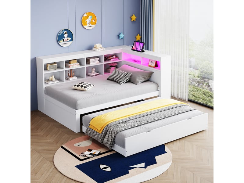  Lit banquette enfant 90 x 200 cm avec lit gigogne 90 x 190 cm, led, usb et rangements, bois, blanc Fay Lum - Conforama B