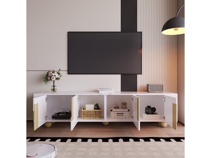  Meuble tv blanc 180 cm, 4 portes, surface effet marbre, pieds en bois boule, blanc et bois  - Conforama D