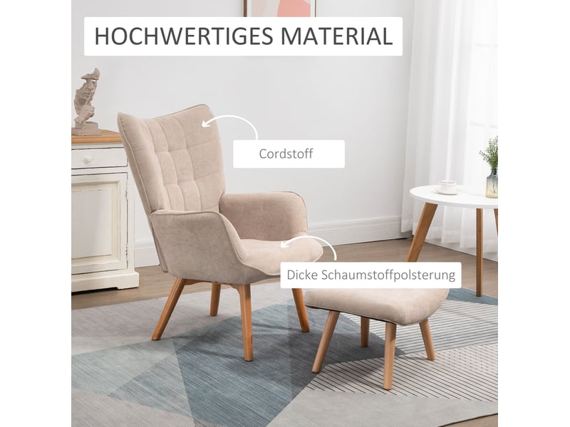  Fauteuil avec pouf repose-pieds capitonné, dossier haut et patins réglables, en velours côtelé beige  - Conforama D