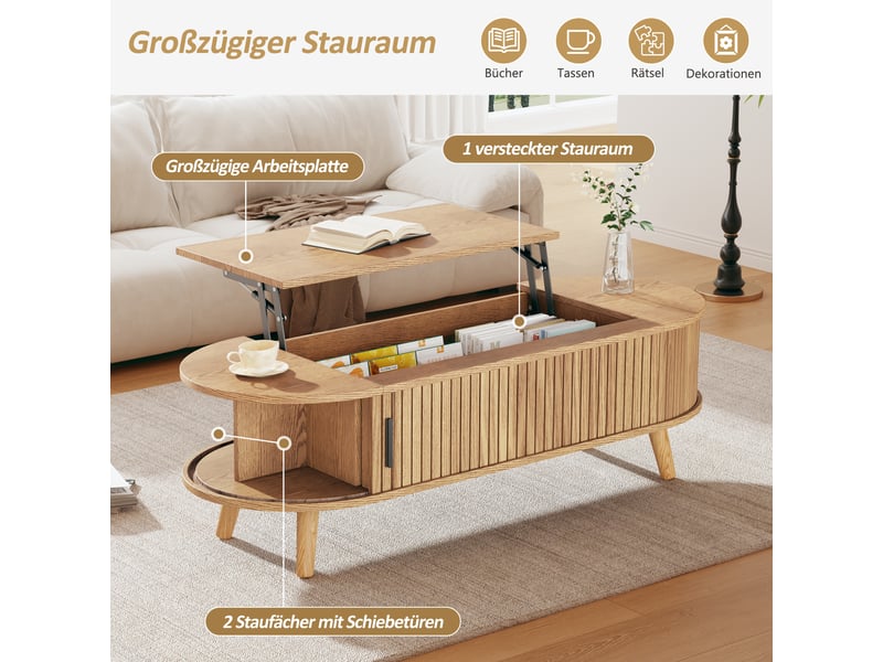  Table basse relevable avec rangement caché et niches latérales pour salon en mdf 120×50×39,5 cm naturelle  - Conforama C