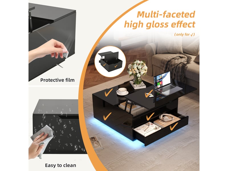  Table basse relevable avec 1 tiroir, rangement led pour salon 70×70×38 cm en panneaux de particules noir  - Conforama C