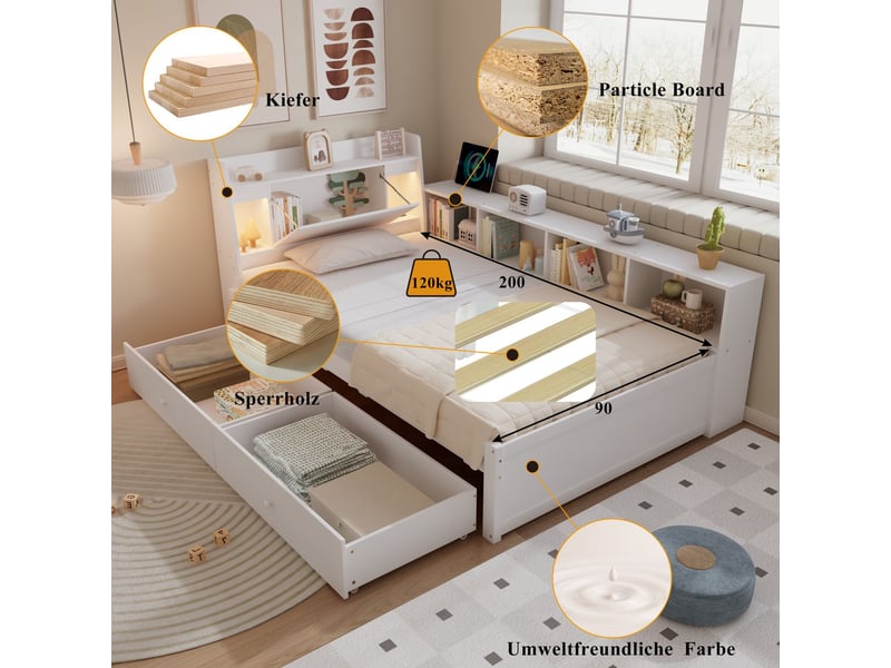  Lit avec tiroirs 90 x 200 cm tête de lit compartiment lit simple 2 lampes prise de charge rangements latéraux tiroirs pin panneau de particules mdf blanc  - Conforama C