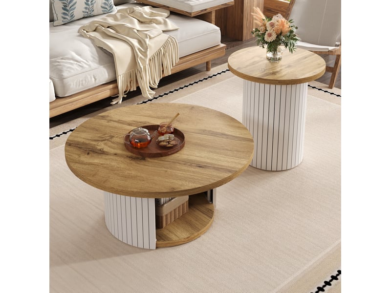  Lot de 2 tables basses rondes 75x75x50+45x45x35 cm, table salon gigogne, table d'appoint, style nordique, mdf, naturel  - Conforama B