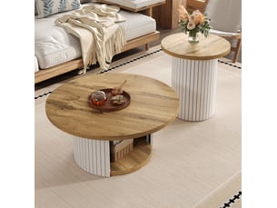 Lot de 2 tables basses rondes 75x75x50+45x45x35 cm, table salon gigogne, table d'appoint, style nordique, mdf, naturel