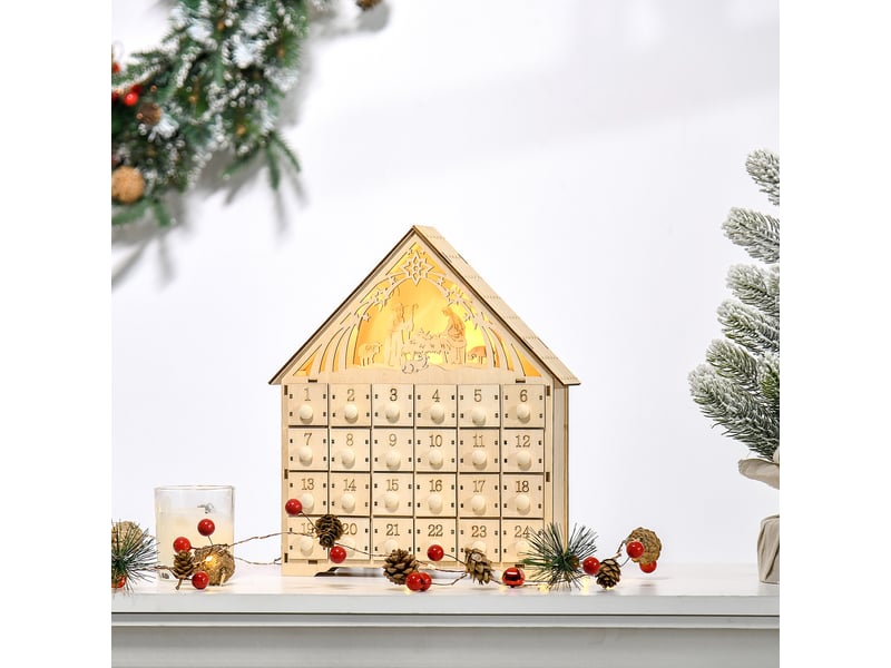  Calendrier de l'avent en bois à 24 tiroirs, décoration de noël avec crèche sculptée et lumières, 26,6 x 6 x 30 cm  - Conforama D