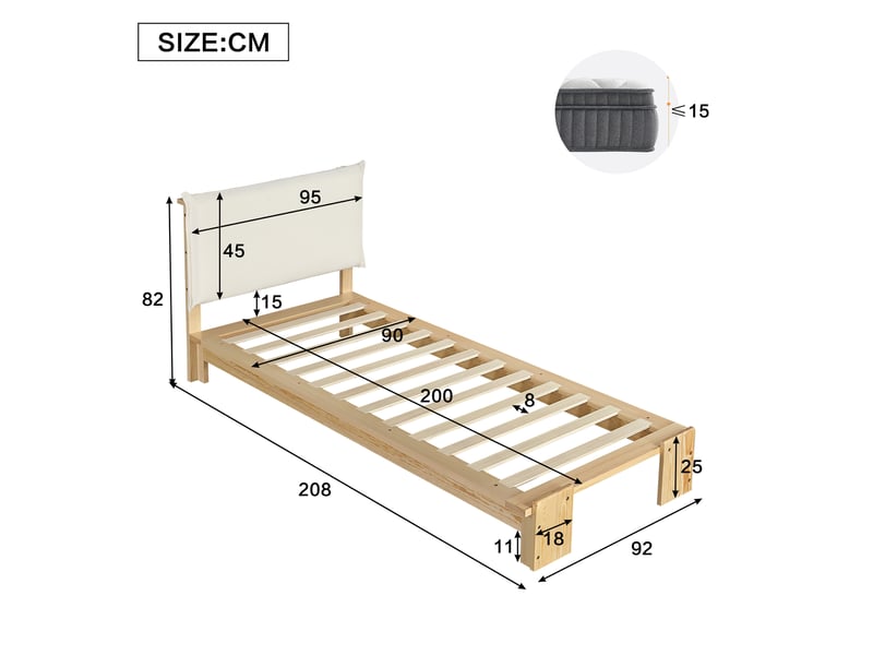  Lit enfant capitonné 90x200 cm naturel, appui velcro, sommier stable et pieds renforcés  - Conforama B