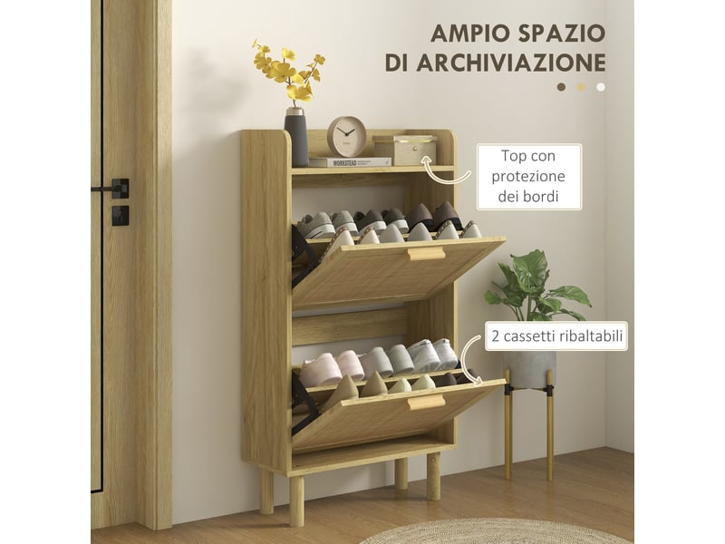  Meuble à chaussures étroit pour entrée, avec 2 tiroirs pliants, étagères et plateau réglables, chêne  - Conforama E