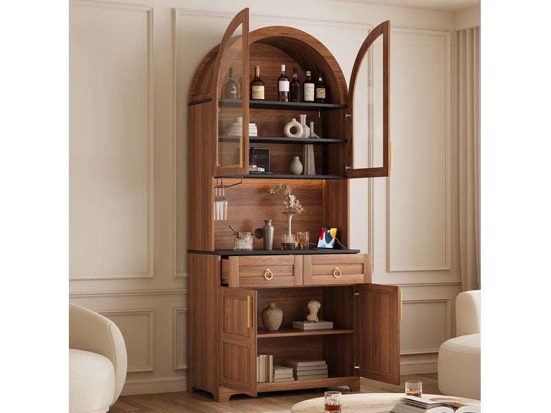 Buffet 80x40x180 cm avec vitrine en verre cintrée, éclairage led, prise intégrée et usb, 2 tiroirs, mdf, coloris noyer - Conforama E