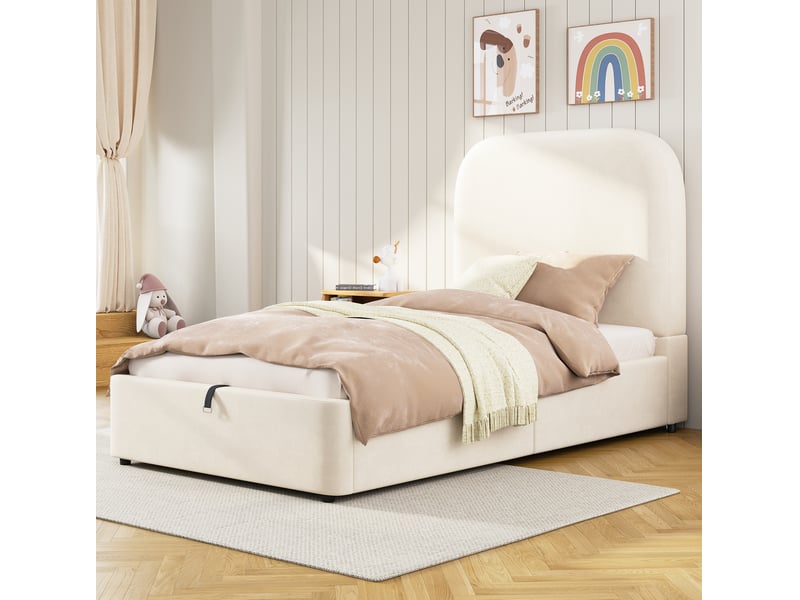  Lit coffre enfant 90x200 cm à ouverture hydraulique, velours beige  - Conforama B