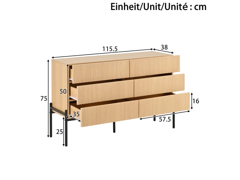  Buffet bas 6 tiroirs – mdf naturel à relief géométrique – 115,5 x 38 x 75 cm  - Conforama D