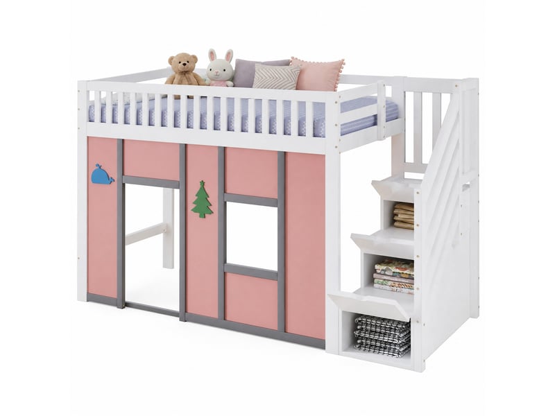  Lit mezzanine enfant 90x200 cm blanc et rose avec escalier de rangement et led  - Conforama A