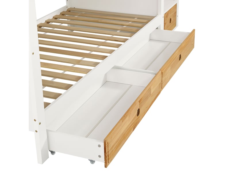  Lit superposé 90x200 cm, escalier avec 4 rangements, 2 tiroirs, étagères et tableau, pin et mdf,blanc et naturel  - Conforama E
