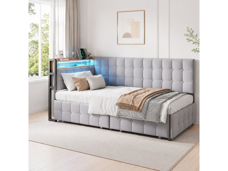  Lit avec rangement tcqpz 90 x 200 cm gris avec 2 tiroirs, led, usb et type-c, cadre métal, sommier 12 lattes  - Conforama E