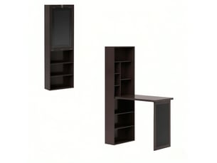 Bureau mural rabattable avec bibliothèque et tableau noir, étagères réglables, mdf et bois de pin, 98x51x153 cm, noir et marron