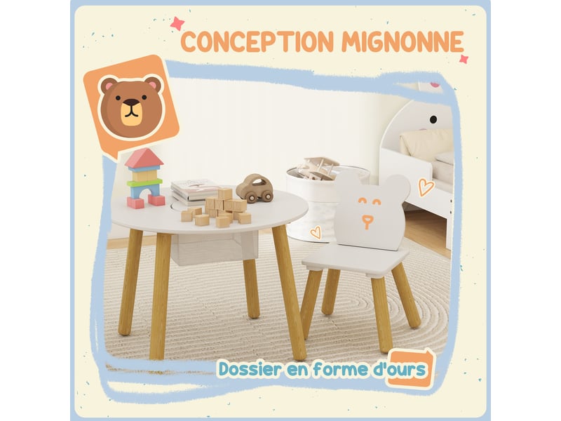  Ensemble 1 table ronde, 2 chaises pour enfant 3 pièces, dossier en forme d'ours, activités, bricolage, 3-6 ans, repas  - Conforama A
