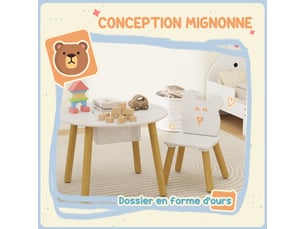 Ensemble 1 table ronde, 2 chaises pour enfant 3 pièces, dossier en forme d'ours, activités, bricolage, 3-6 ans, repas