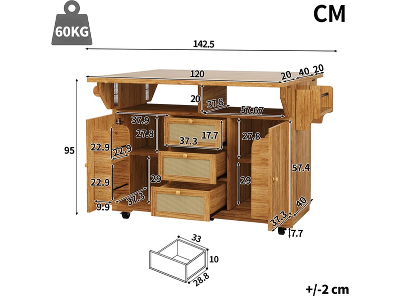  Chariot de cuisine 142,5x80x95 cm, pliable, étagères réglables, grand îlot cuisine, rangement cuisine, mdf, brun foncé  - Conforama C