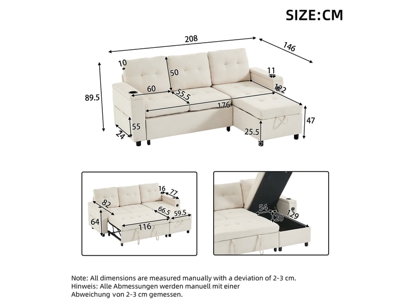 Canapé d'angle convertible treviso 3 places en tissu beige avec led, rangement et ports usb pour le salon - Conforama C