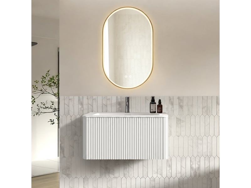  Meuble salle de bain suspendu 80 cm avec vasque intégrée, miroir ovale led antibuée, tiroir  - Conforama R