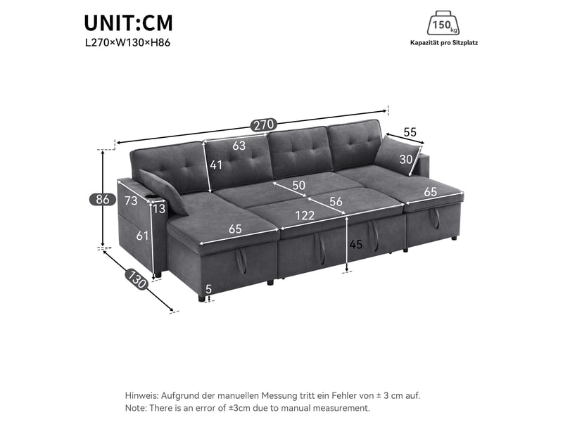 Canapé convertible en u 270x130 cm, canapé-lit 45 places avec rangements, porte-gobelets, 2 coussins, tissu aspect lin - gray - Conforama D