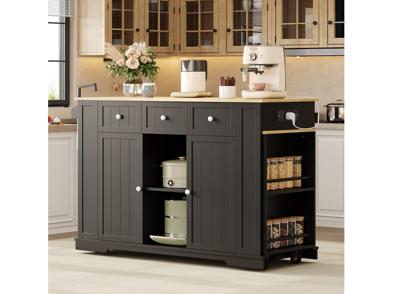  Îlot de cuisine modenvie mobile avec table coulissante 138 à 213 x 55 x 93 cm, rangements, prises et usb, noir et naturel  - Conforama D